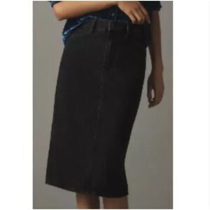 Paige Siren Denim Midi Skirt Black Pitch Dark Back Slit Size 24